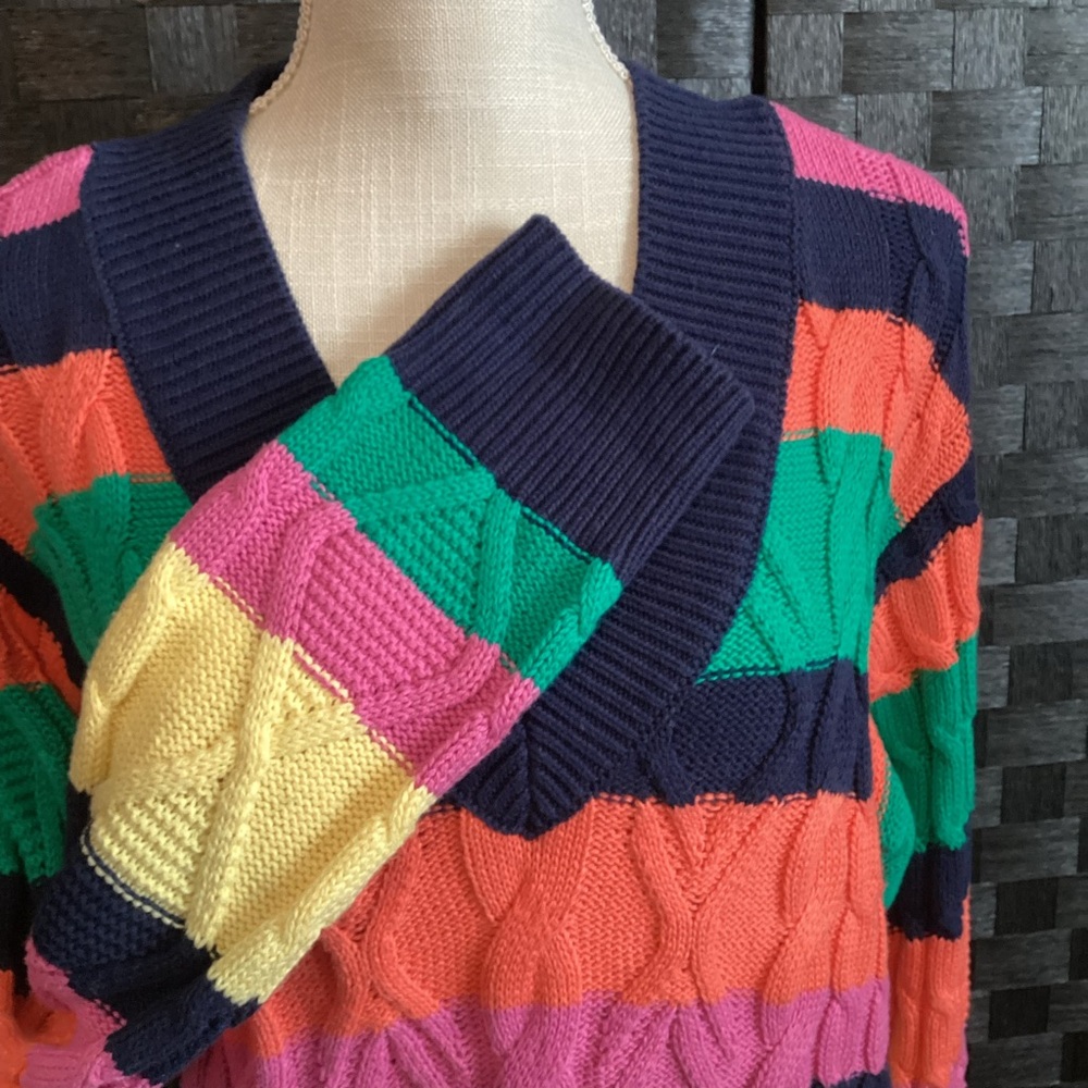 Vintage Chunky Colorful Striped Cotton Blend Cable Knit V Neck Sweater Size XXL